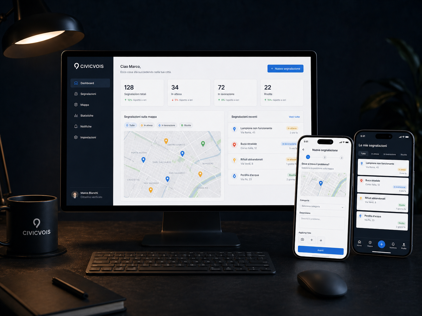 Mockup dashboard e app CivicVois
