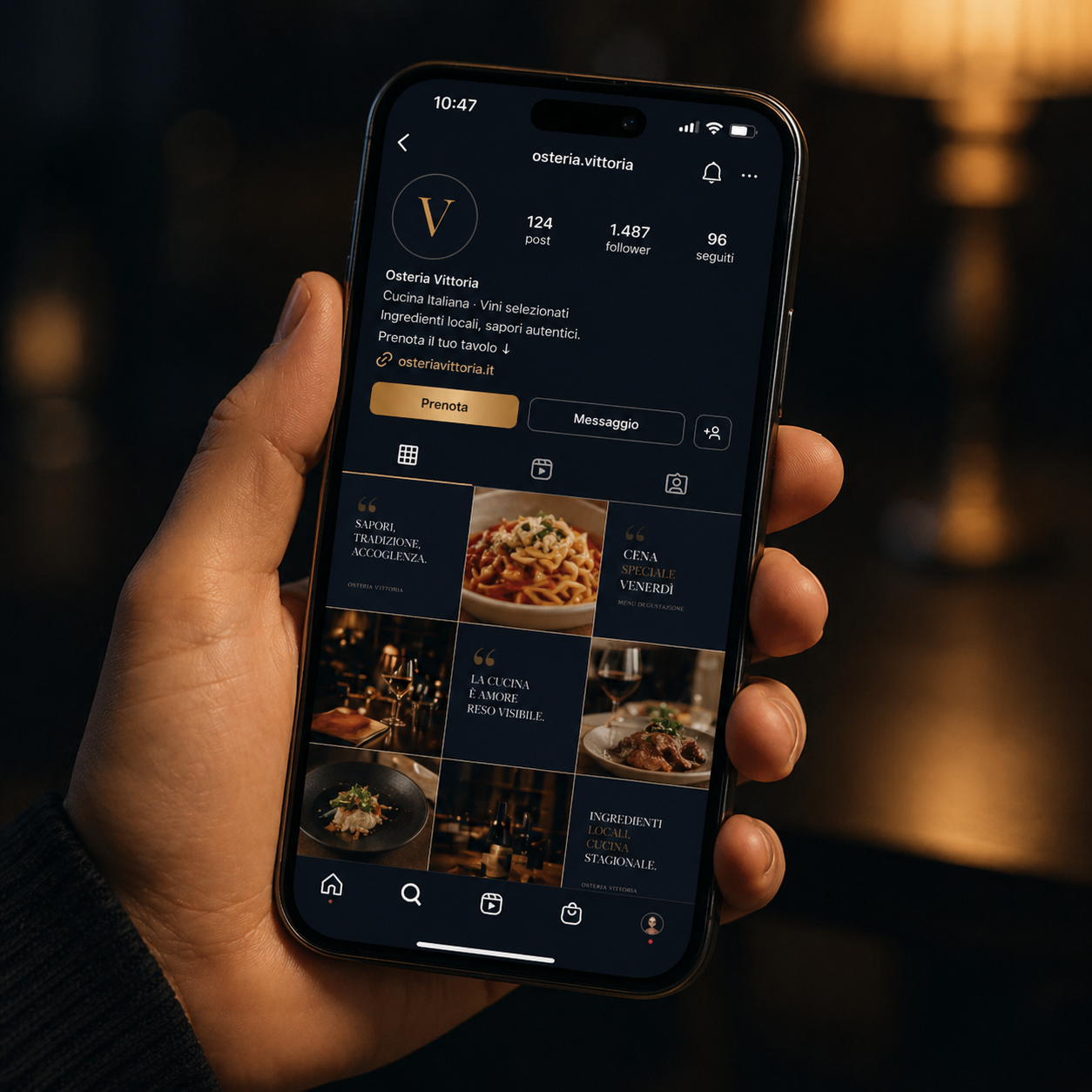 Profilo social per ristorante su smartphone